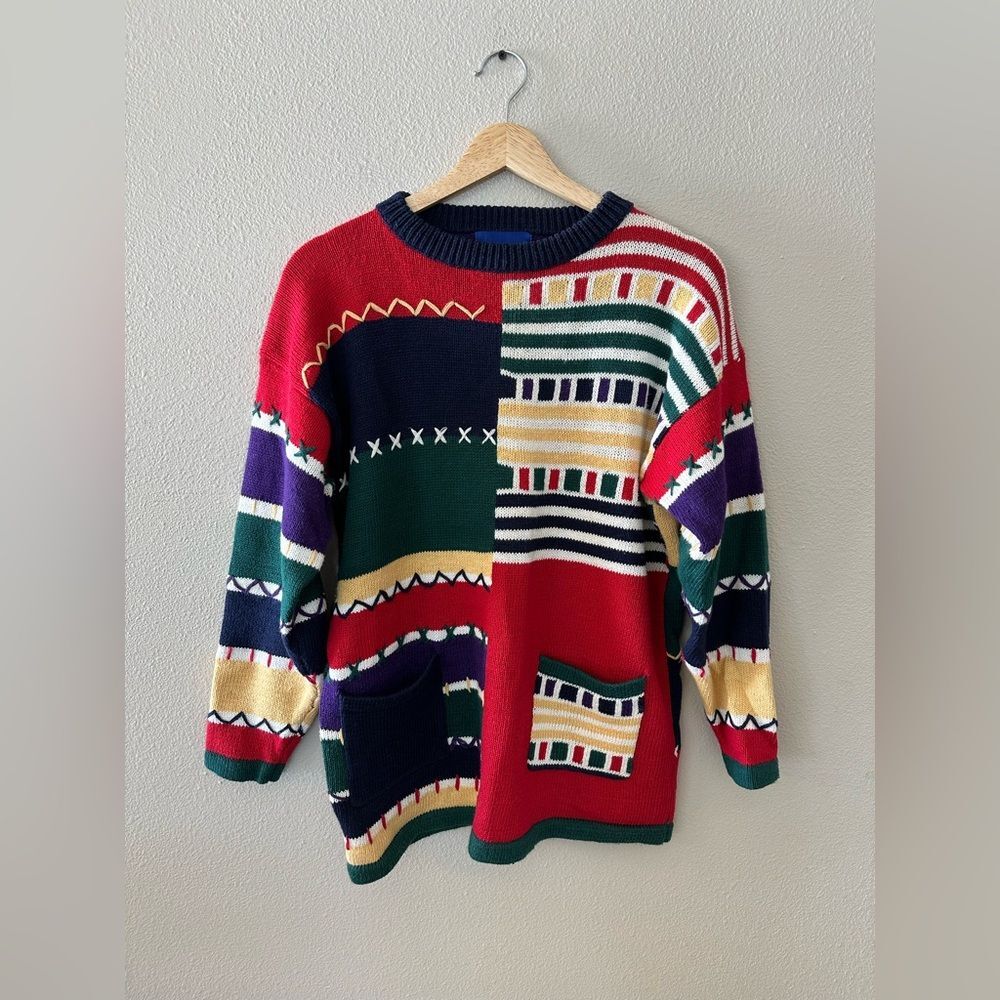Vintage She Said Patchwork Embroidered Holiday Christmas Sweater Size XS